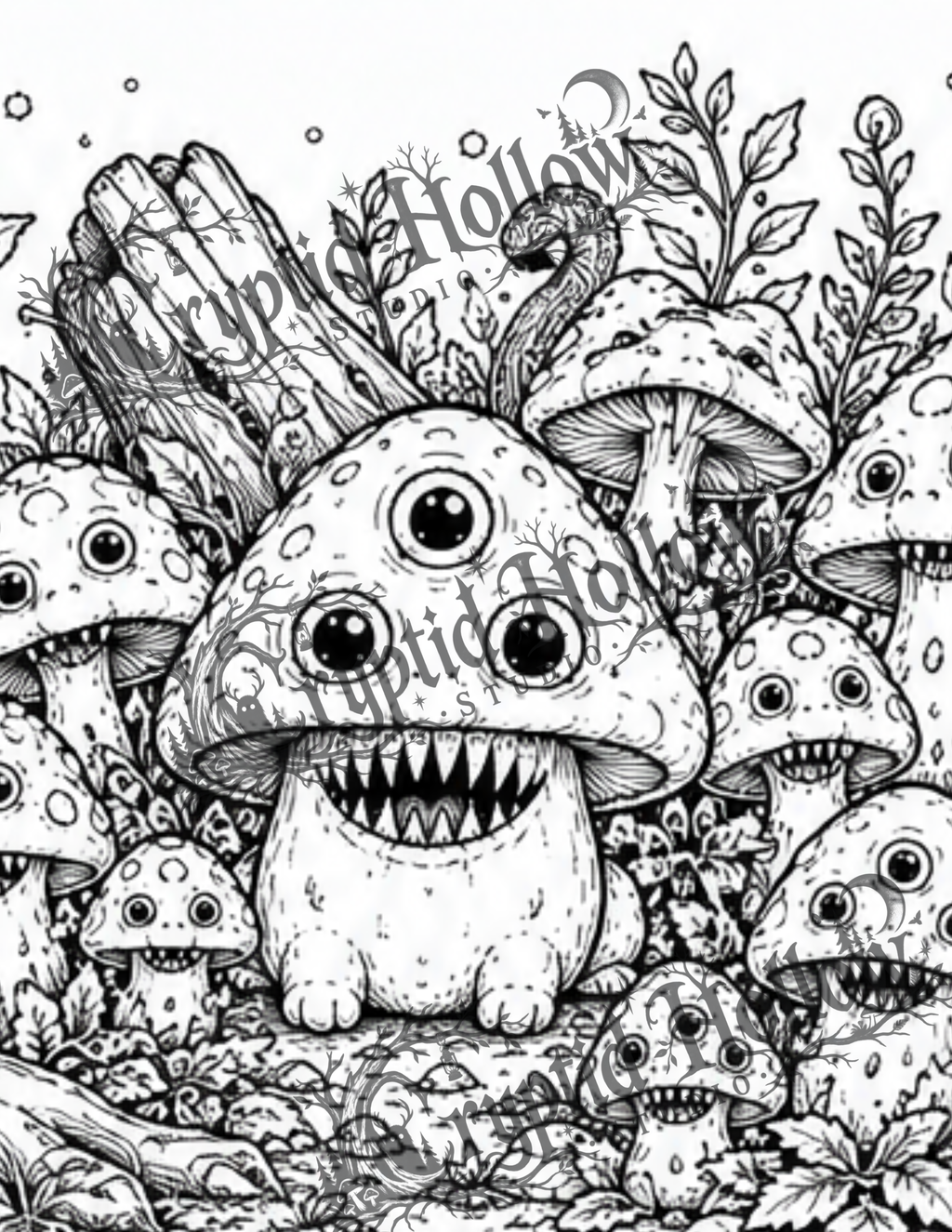 Three-Eyed Mushroom Family — 5 Page Creepy Coloring Bundle