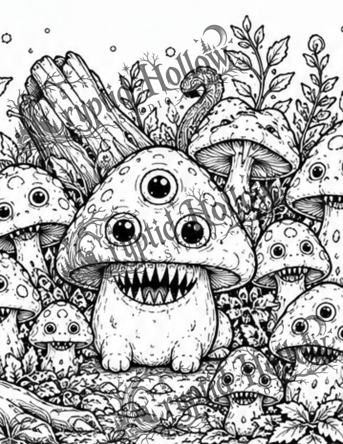 Three-Eyed Mushroom Family — 5 Page Creepy Coloring Bundle