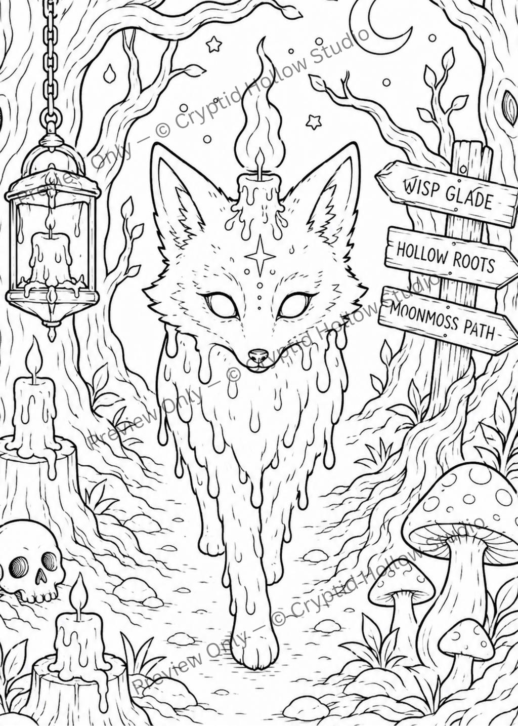 The Candlelit Fox Coloring Bundle | 3 Printable Spooky Coloring Pages | Creepy Cozy Cryptid Fox Art