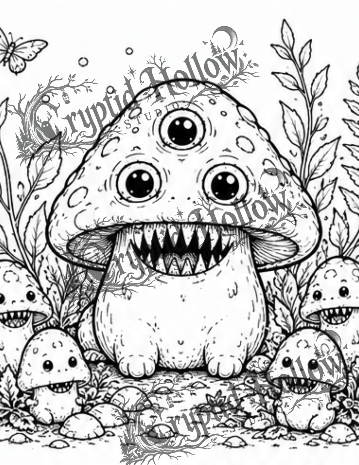 Three-Eyed Mushroom Family — 5 Page Creepy Coloring Bundle
