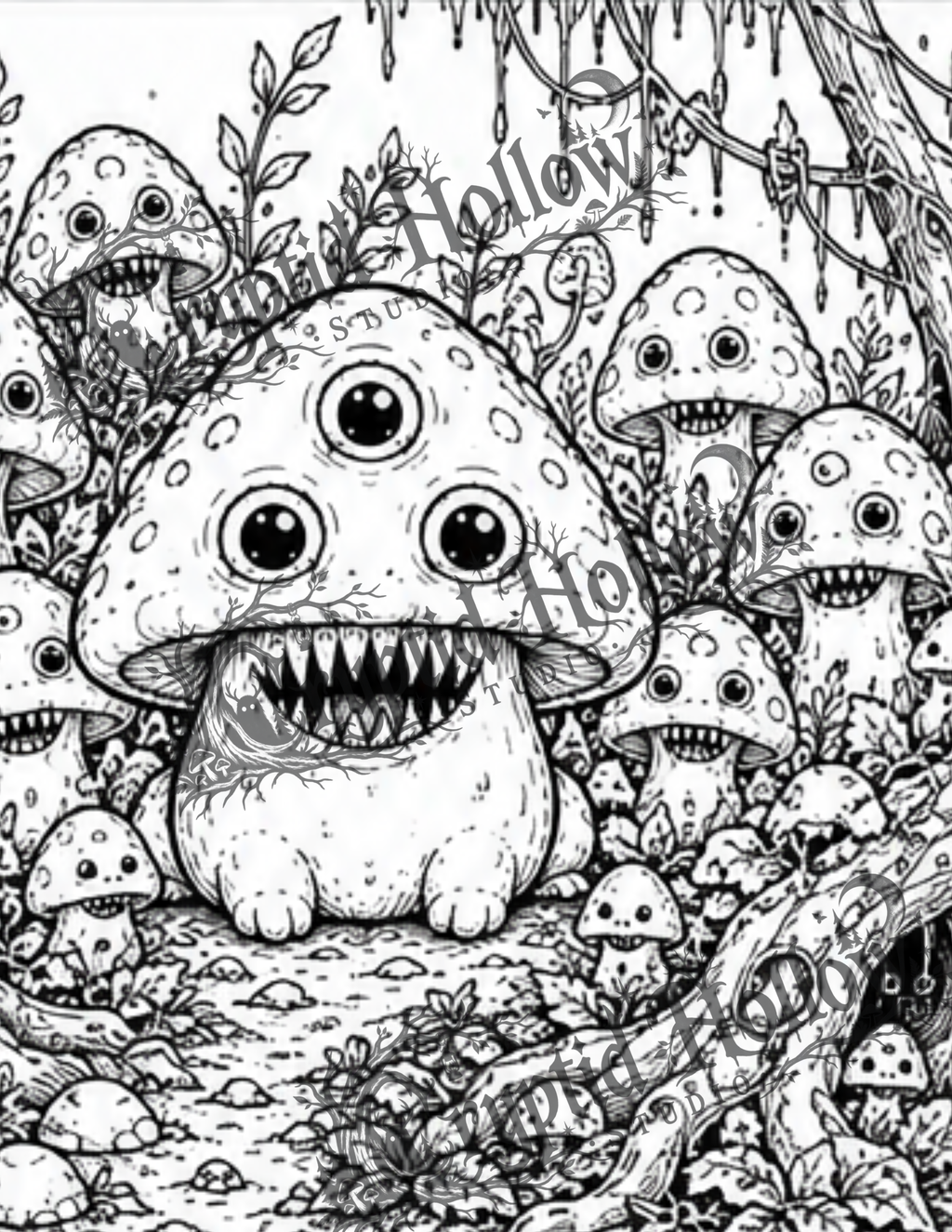 Three-Eyed Mushroom Family — 5 Page Creepy Coloring Bundle