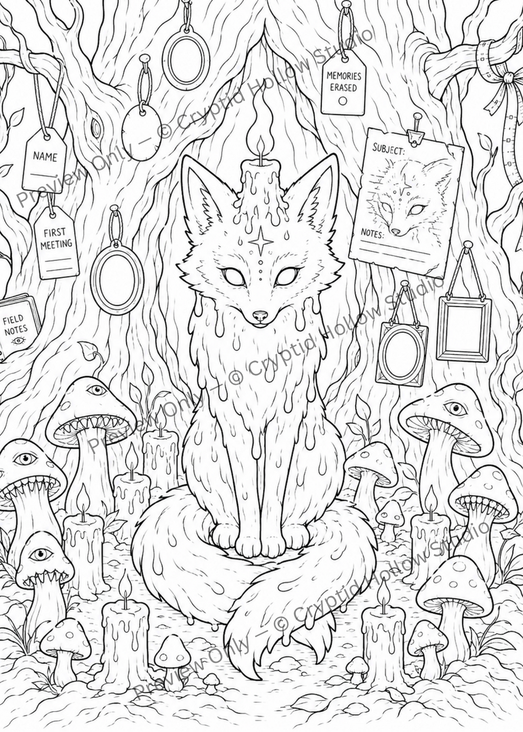 The Candlelit Fox Coloring Bundle | 3 Printable Spooky Coloring Pages | Creepy Cozy Cryptid Fox Art
