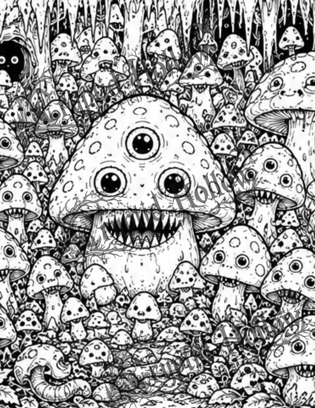 Three-Eyed Mushroom Family — 5 Page Creepy Coloring Bundle