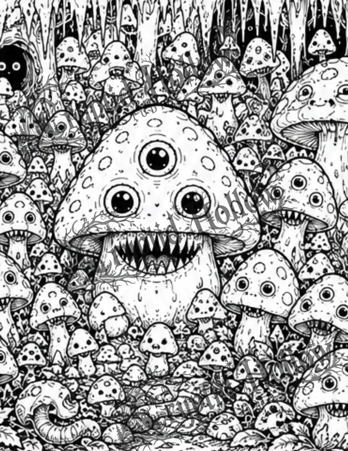 Three-Eyed Mushroom Family — 5 Page Creepy Coloring Bundle