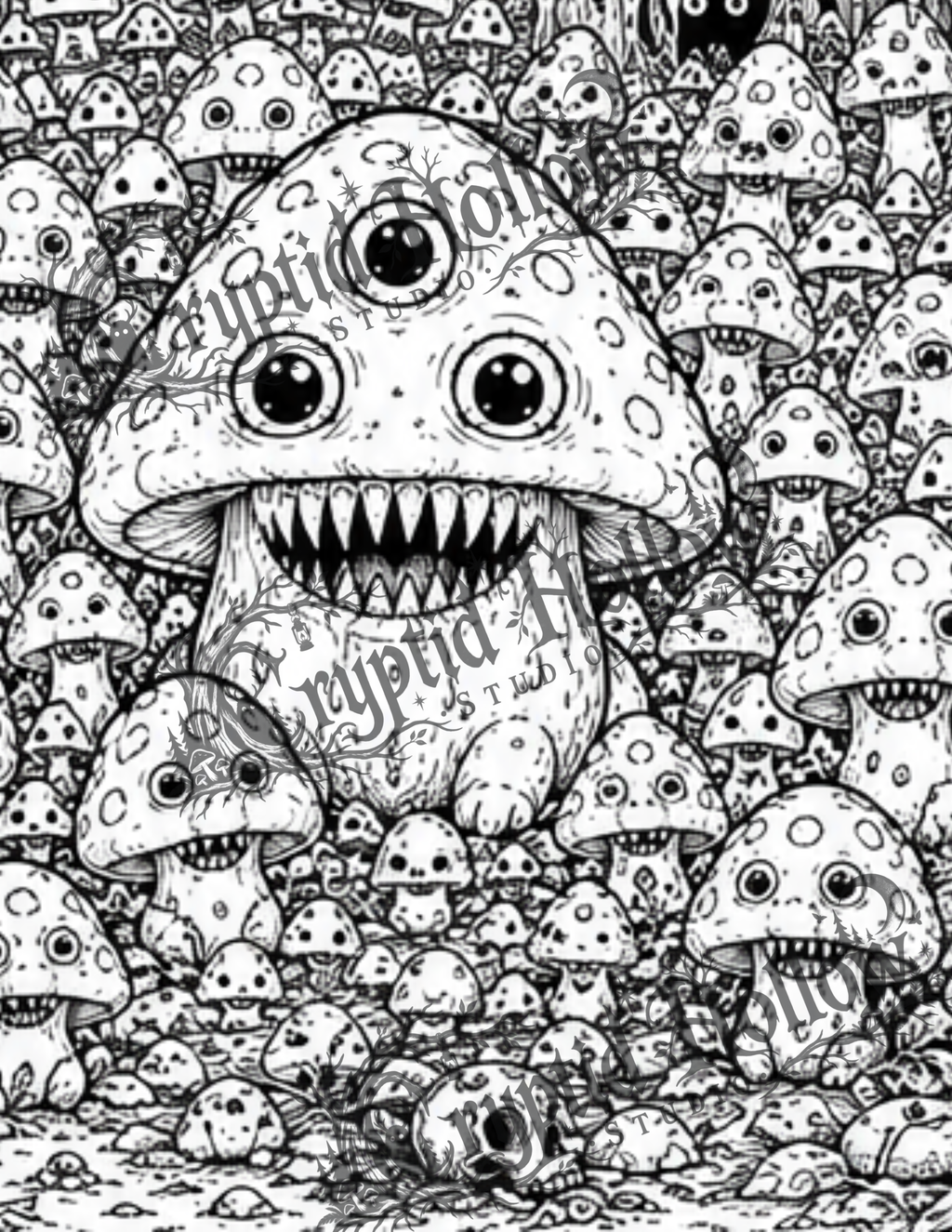 Three-Eyed Mushroom Family — 5 Page Creepy Coloring Bundle