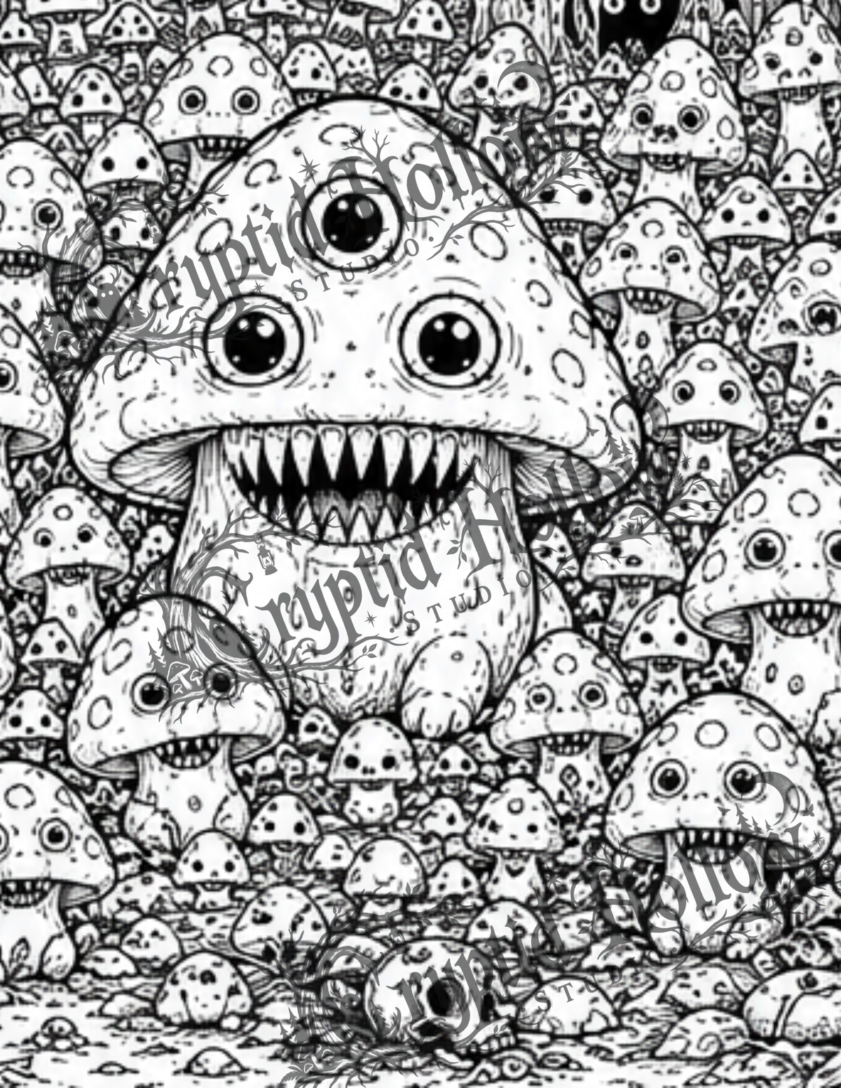 Three-Eyed Mushroom Family — 5 Page Creepy Coloring Bundle