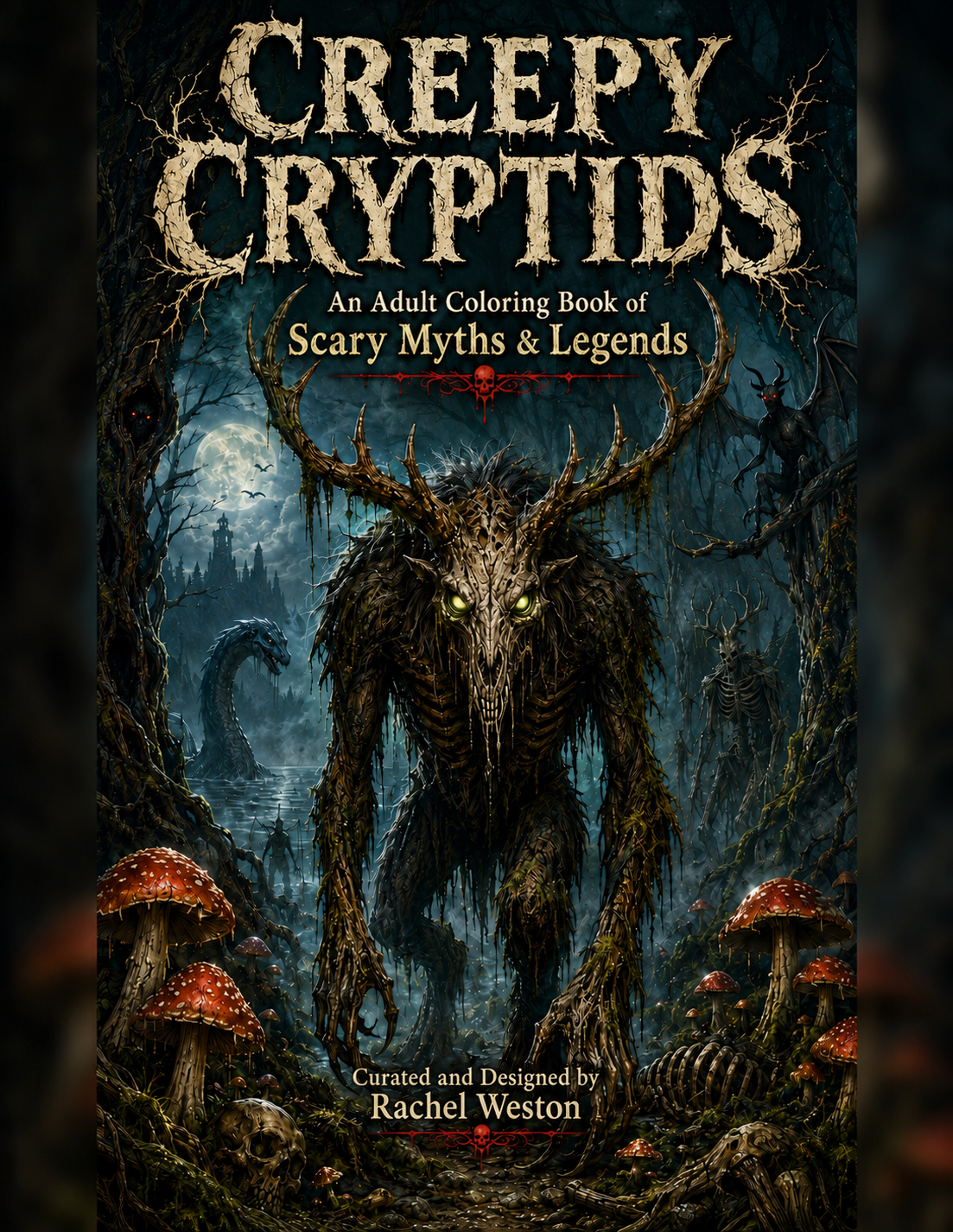 Book cover for 'Creepy Cryptids: An Adult Coloring Book of Scary Myths and Legends' featuring a dark, detailed illustration of a horned cryptid creature in a misty forest with mushrooms and a full moon.
