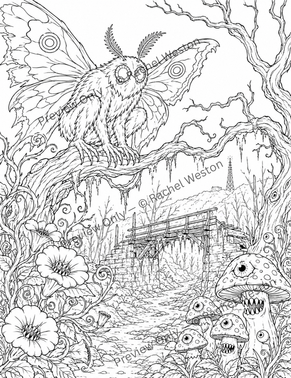 Creepy Cryptid Coloring Pages Bundle | Printable Adult Coloring Pages | Spooky Monsters, Folklore Creatures & Haunted Forest Cryptids