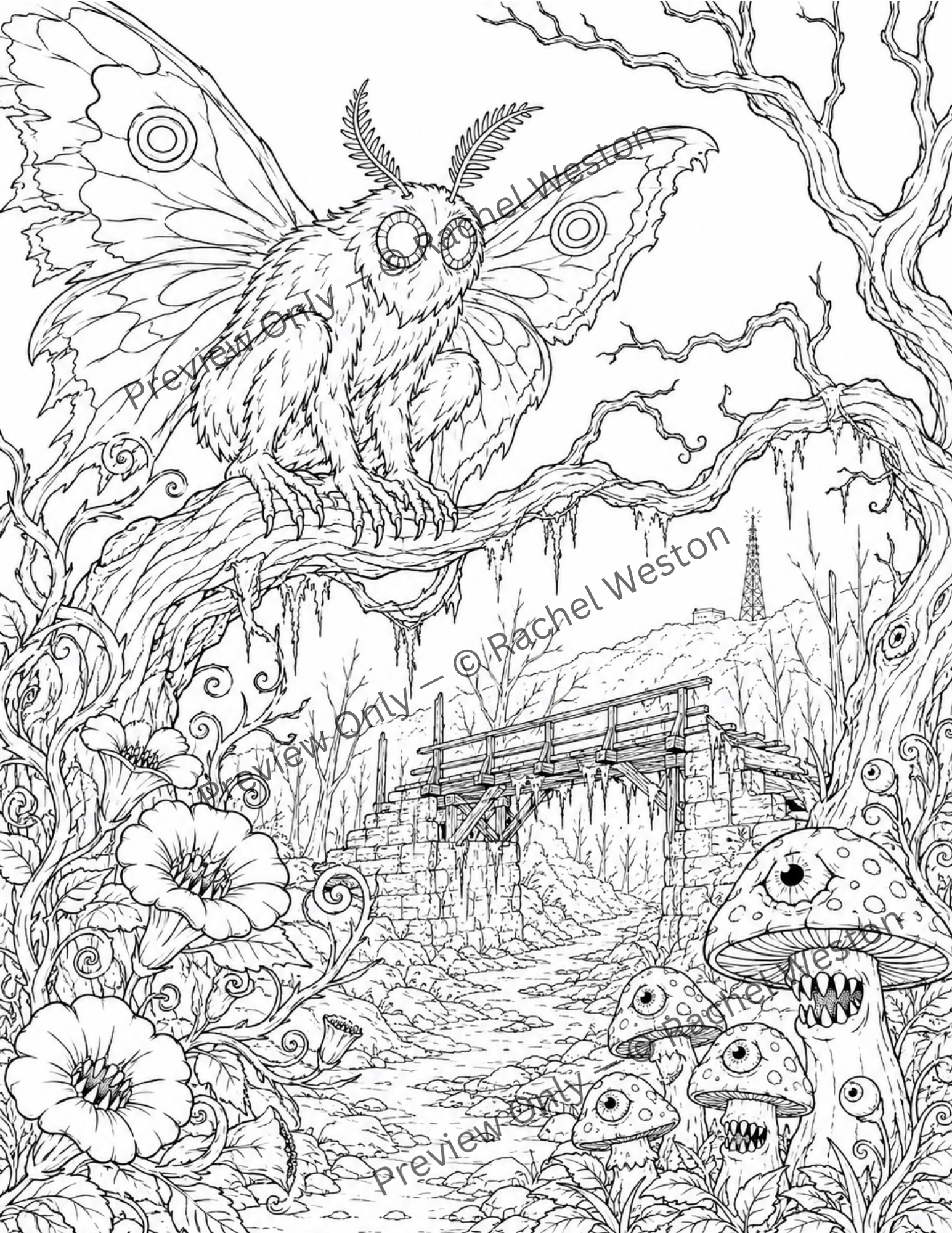 Creepy Cryptid Coloring Pages Bundle | Printable Adult Coloring Pages | Spooky Monsters, Folklore Creatures & Haunted Forest Cryptids
