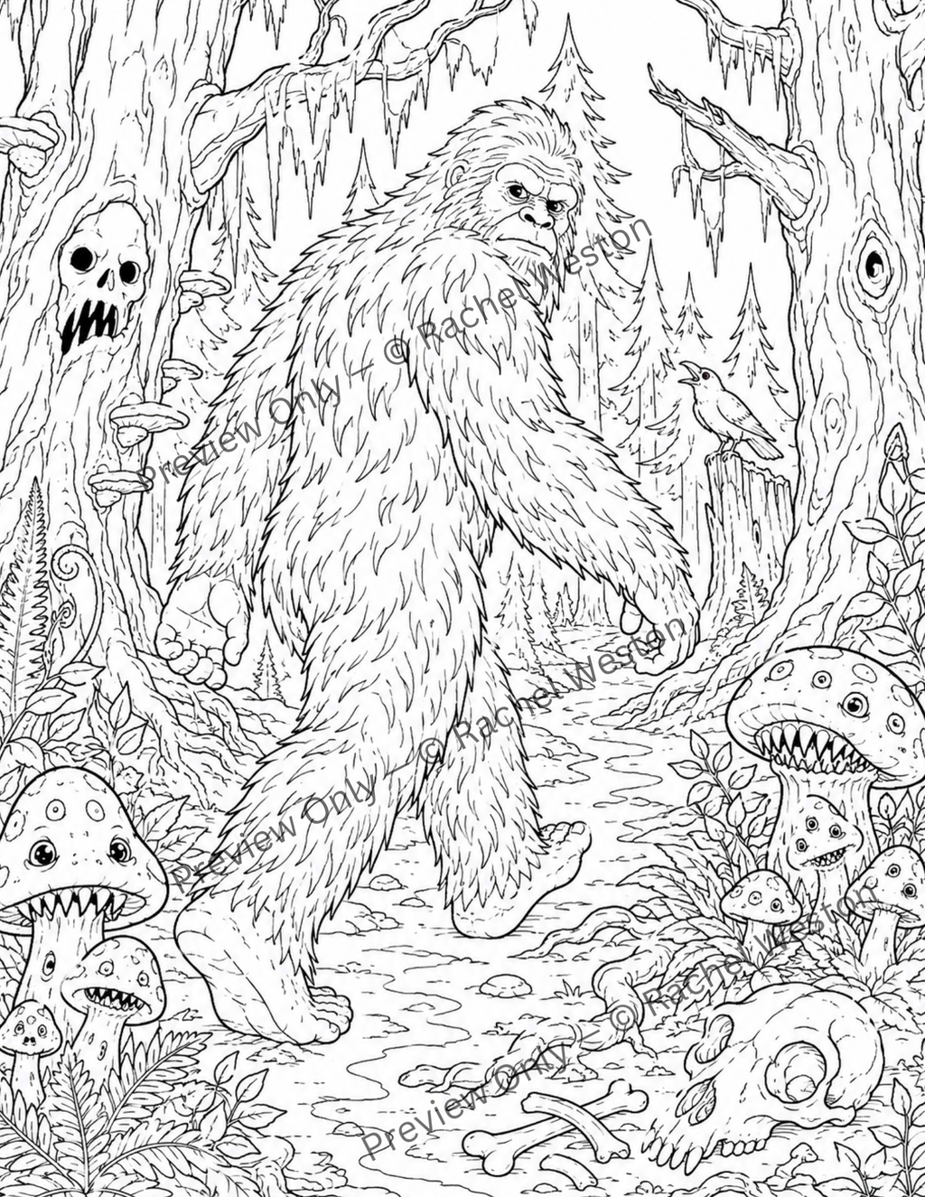 Creepy Cryptid Coloring Pages Bundle | Printable Adult Coloring Pages | Spooky Monsters, Folklore Creatures & Haunted Forest Cryptids